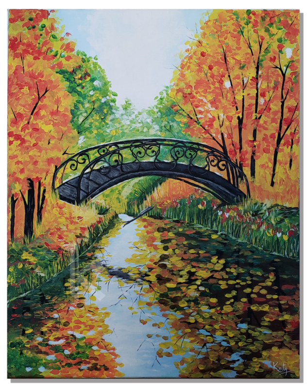 Acrylic Painting "The Colorful Fall", Autumn Landscape, Creek Bridge, great for accent, home decor, Living Room Decor, Original